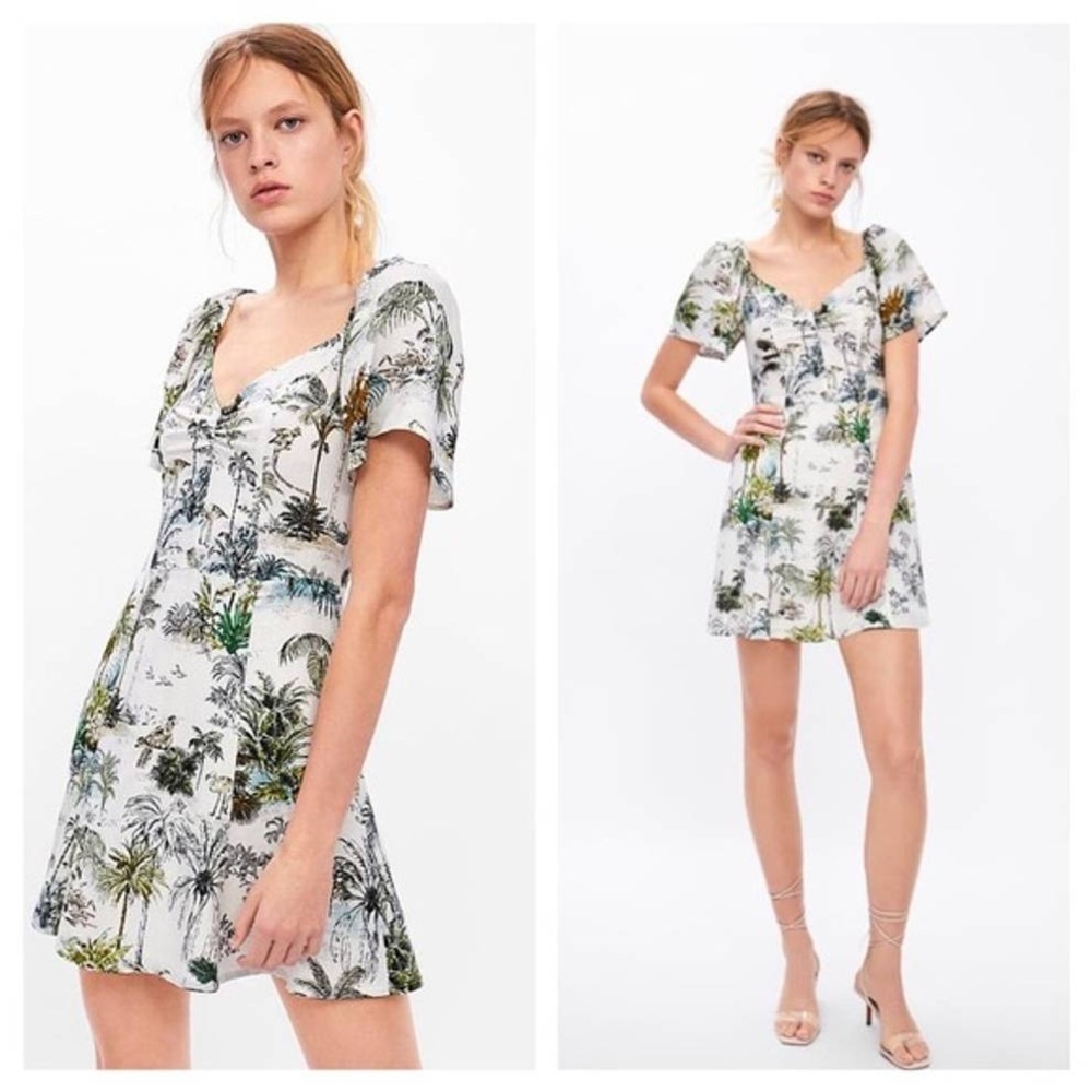 ZARA Tropical Palm Tree Cream Print Short Sleeve Mini Dress Medium